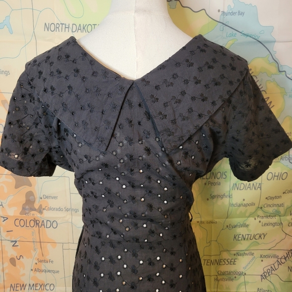 Vintage Black Eyelet Dress With Crystal Buttons. - Picture 9 of 16